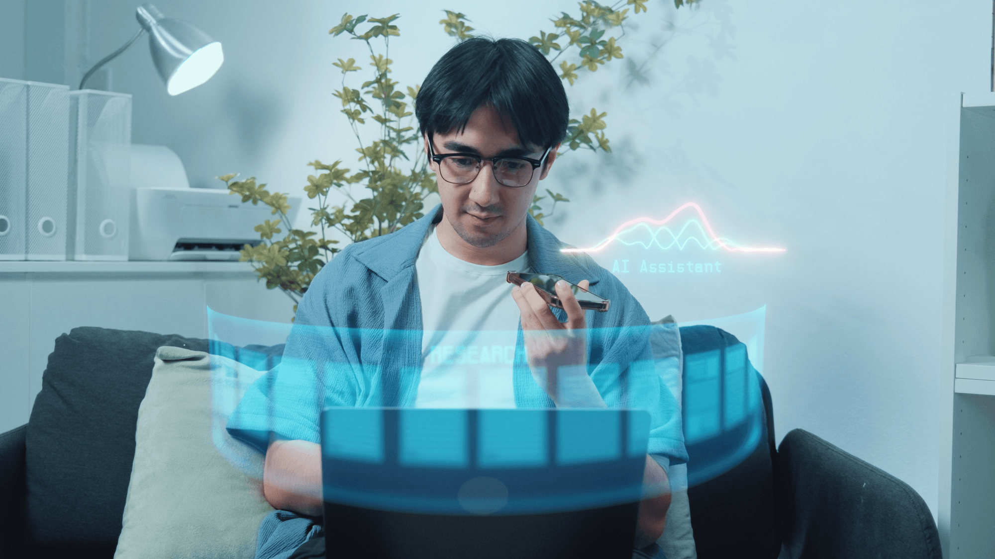 Professional working with an AI analytics interface on a laptop