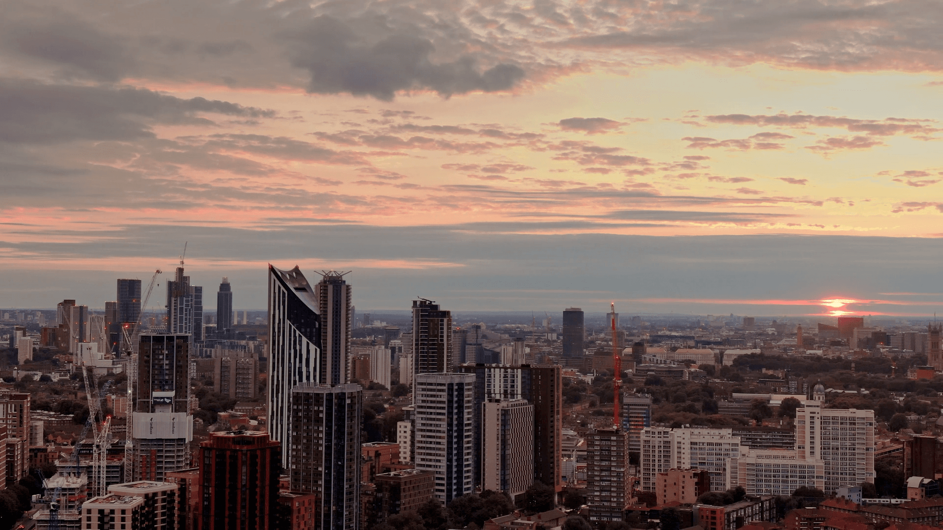 City skyline at sunset